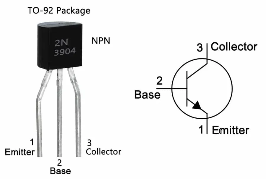 A diagram showing the pinout of a 2N3904 transistor.