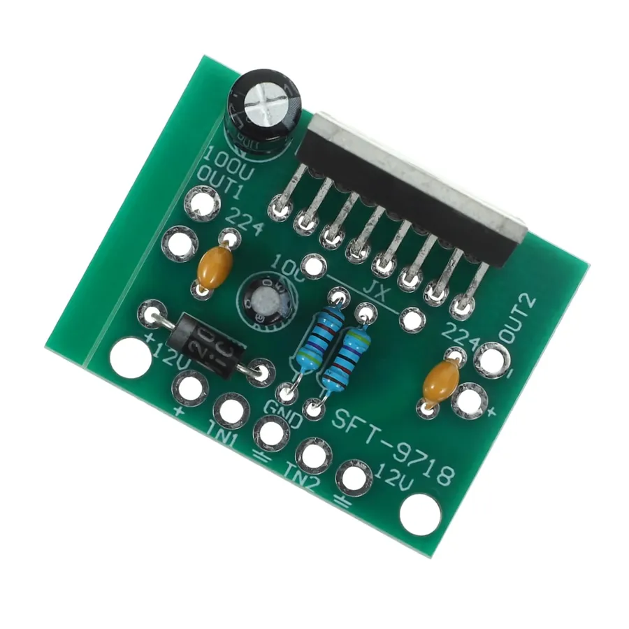A circuit board featuring an audio amplifier circuit.