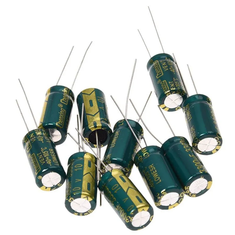 A variety of electrolytic capacitors used on a motherboard.