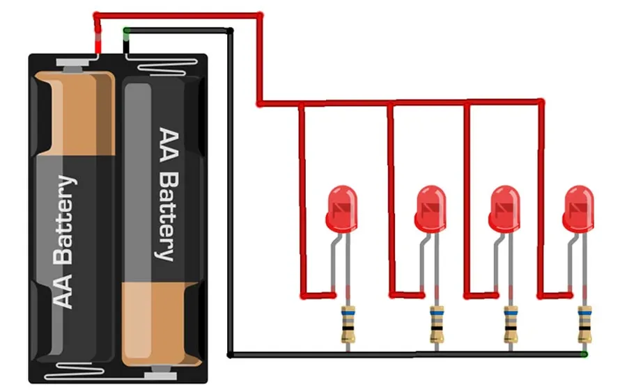 LEDs connected in parallel with resistors on a circuit board.