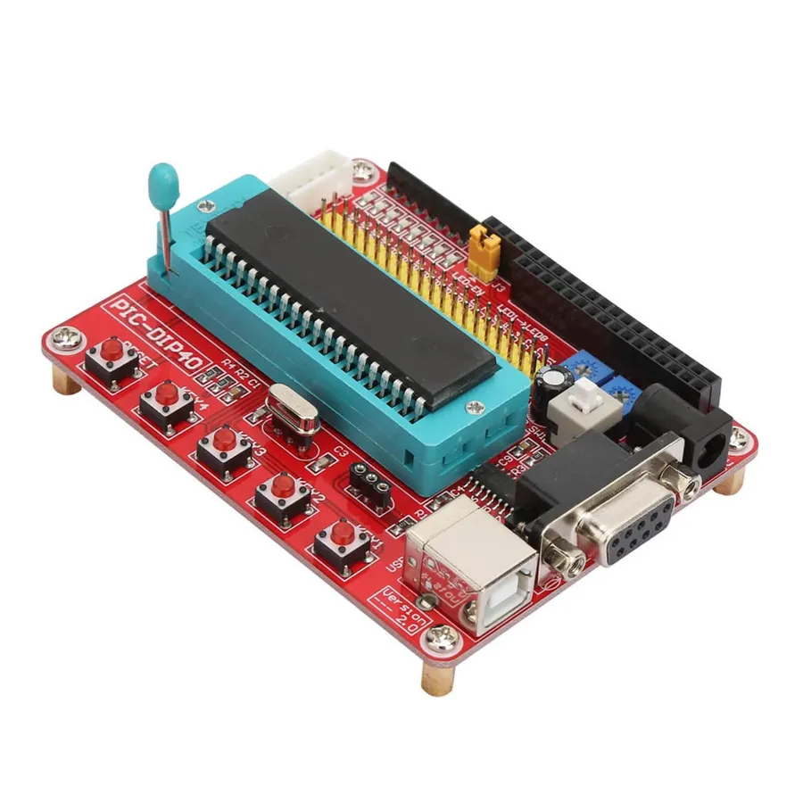 A microcontroller development board with various ports and interfaces.
