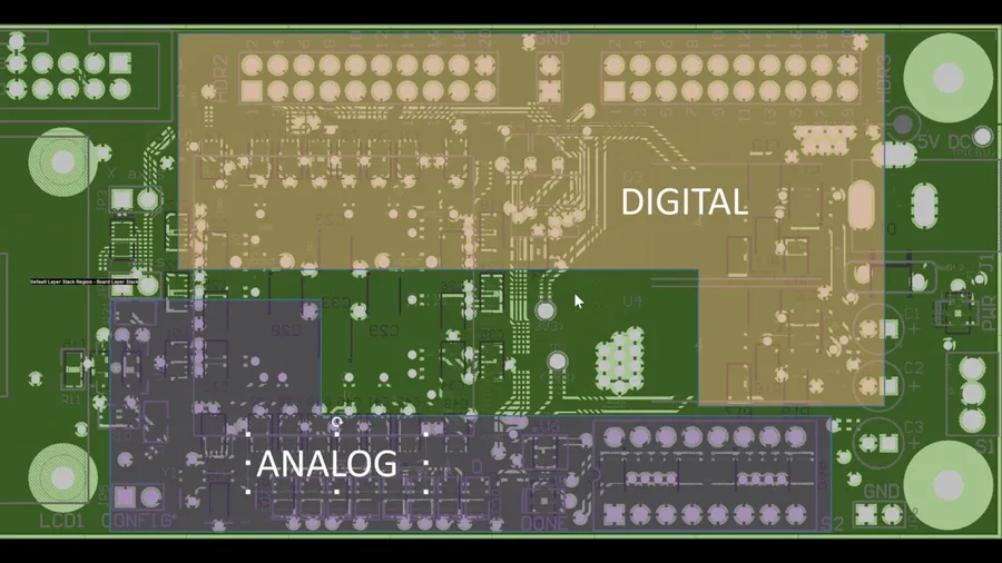 A PCB with both analog and digital components visible on it.