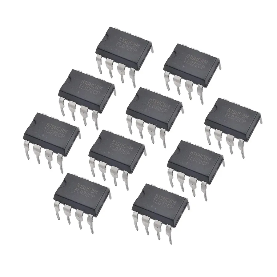 A close-up shot of an operational amplifier chip on a circuit board.
