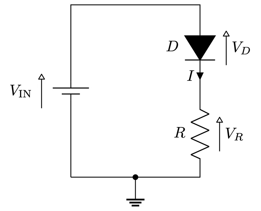 A diode in a simple circuit, showing the flow of current in one direction.