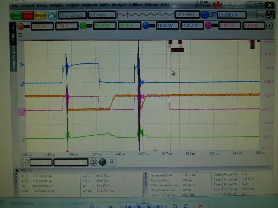 Oscilloscope showing a MOSFET switching waveform, illustrating its speed.