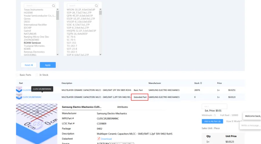 An image showing a component labeled as out of stock on the JLCPCB website.