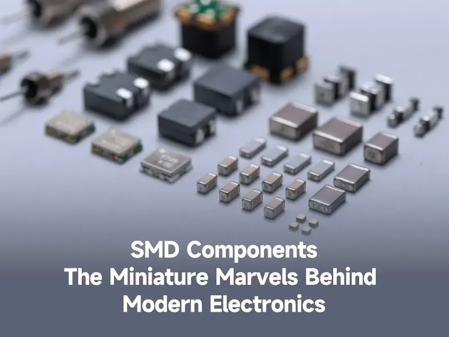 Various surface mount components, including resistors, capacitors, and integrated circuits.