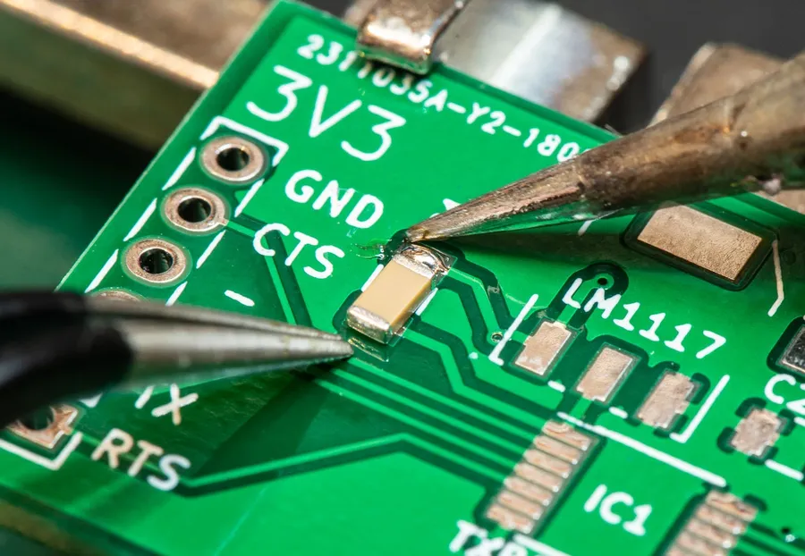 A close-up of a circuit board with surface mount components being soldered.