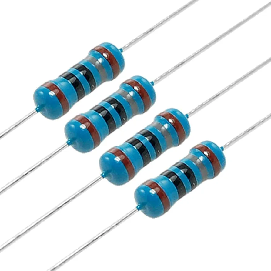 Close up of different metal film resistors.