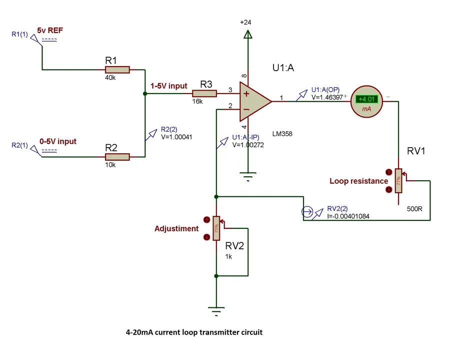 A diagram of a 4-20mA current loop with a resistor.