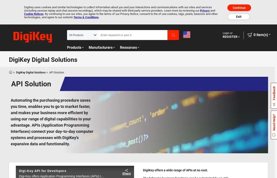A screenshot of the DigiKey website interface on a computer screen.