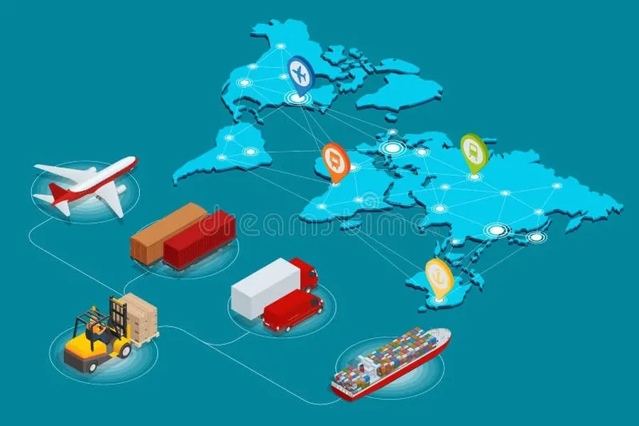 A map showing a global logistics network with various shipping routes.