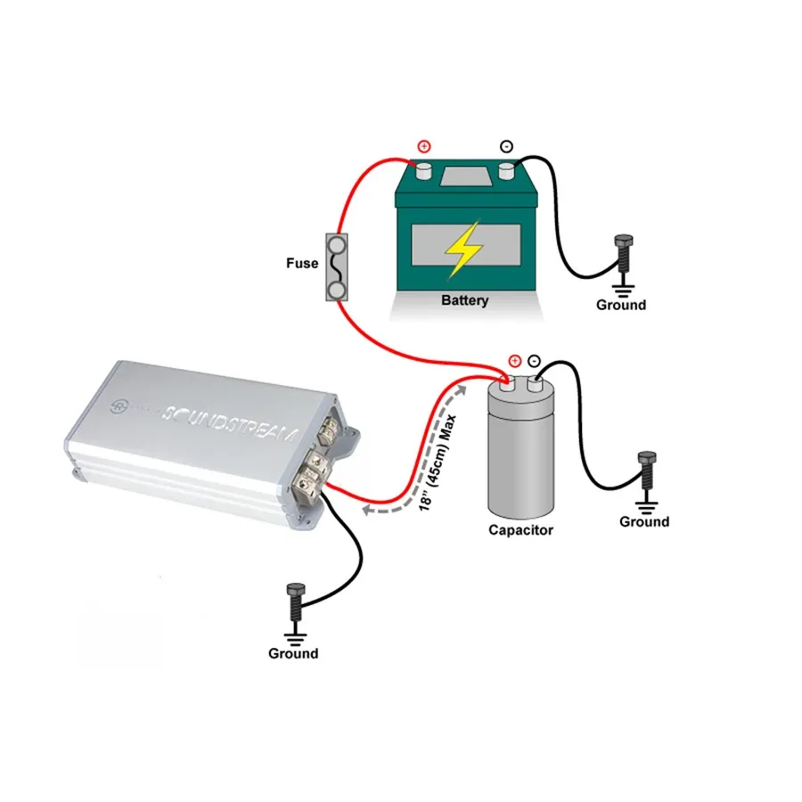 Wiring diagram showing how a car audio capacitor is connected.