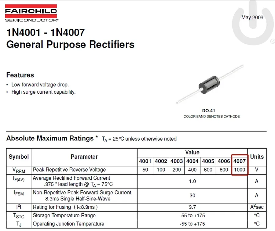 A page from a 1N4007 datasheet showing key specifications.