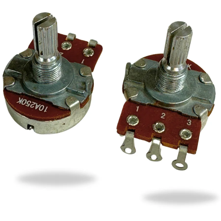 A display of various potentiometers with different characteristics.