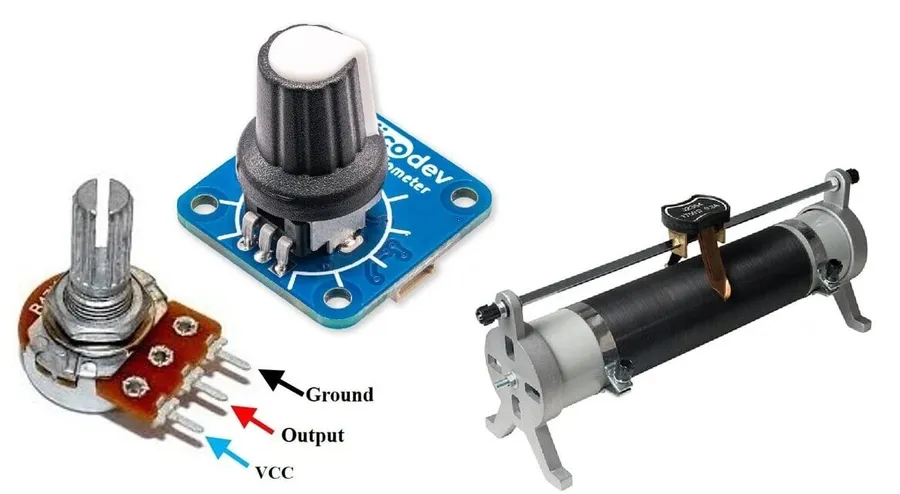 An assortment of various potentiometer types, including rotary and slider.