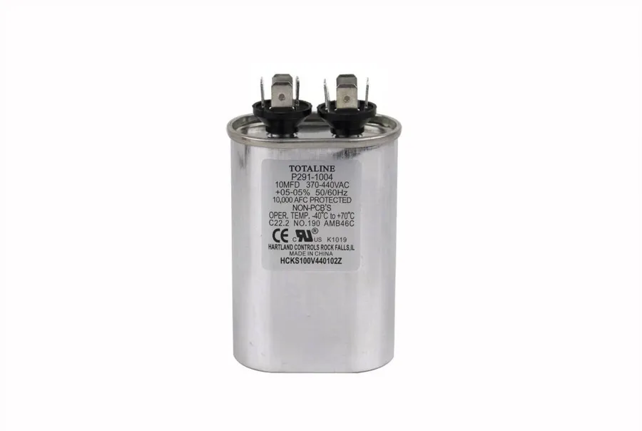 A single run capacitor with two terminals.