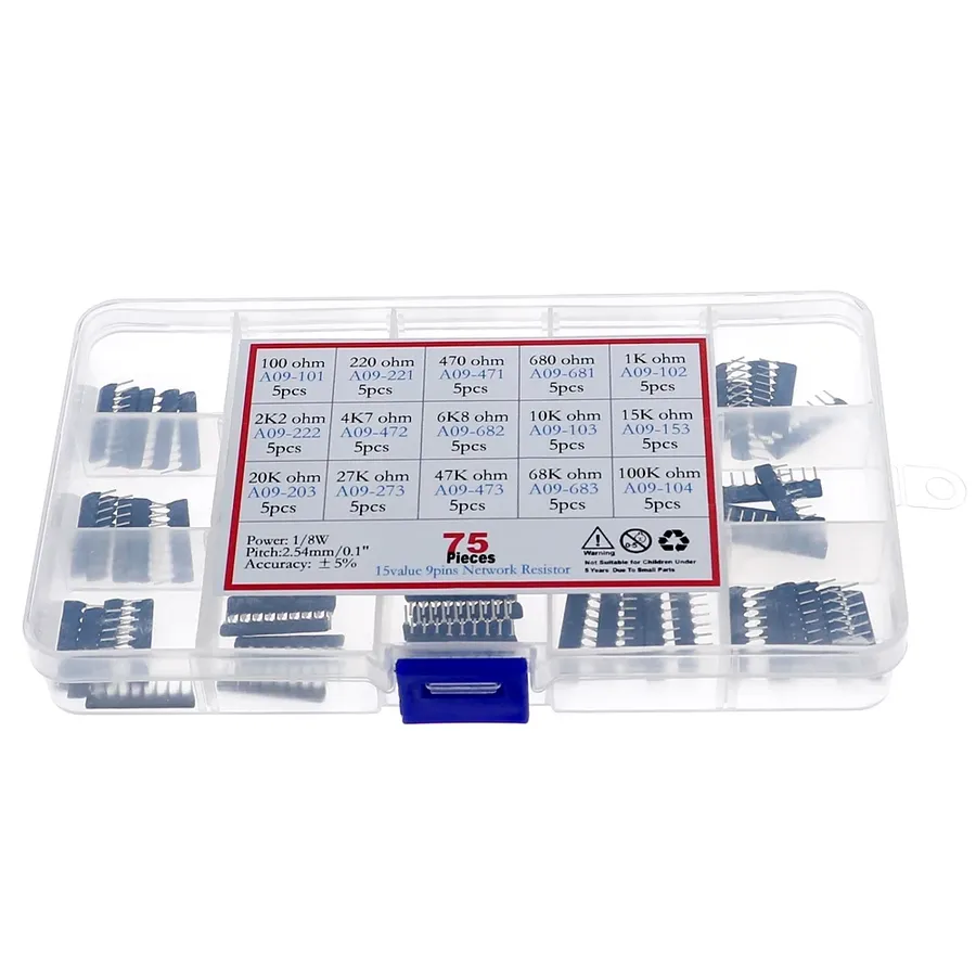 A selection of various resistor kits, showing both through-hole and surface mount options.