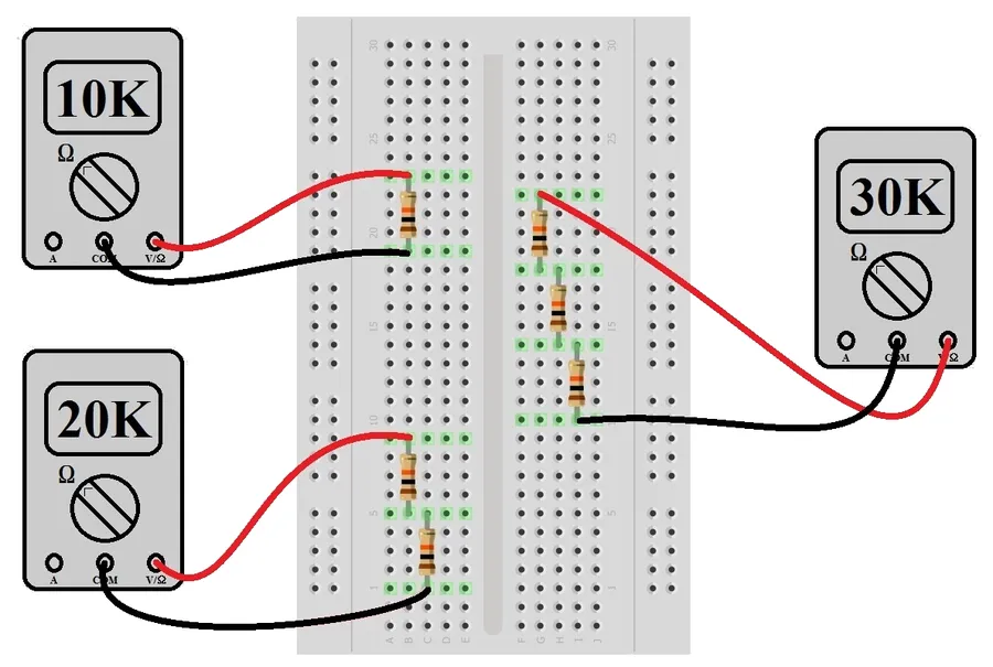 A breadboard circuit showcasing resistors in use.