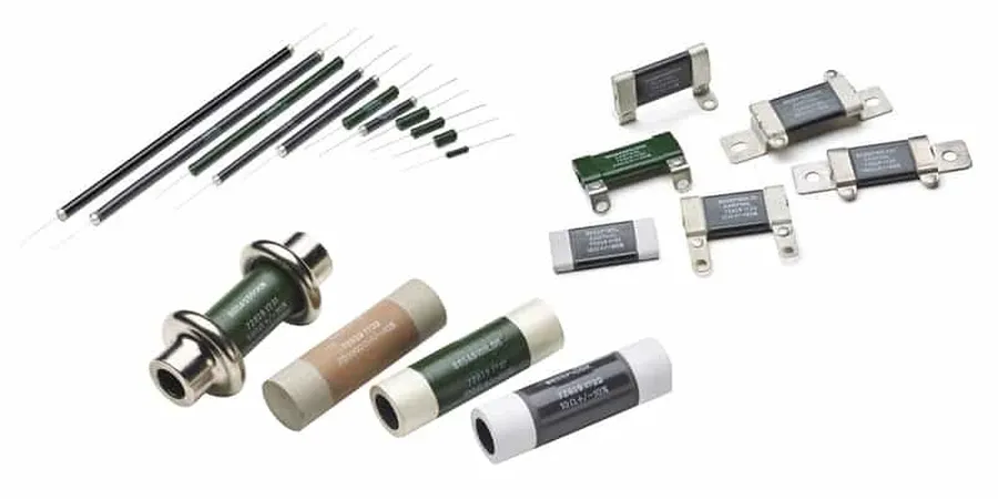 A display showcasing various types of ceramic resistors.