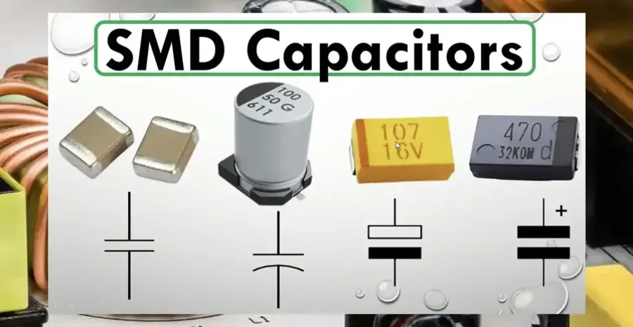 A side-by-side comparison of a radial lead capacitor and an SMD capacitor.