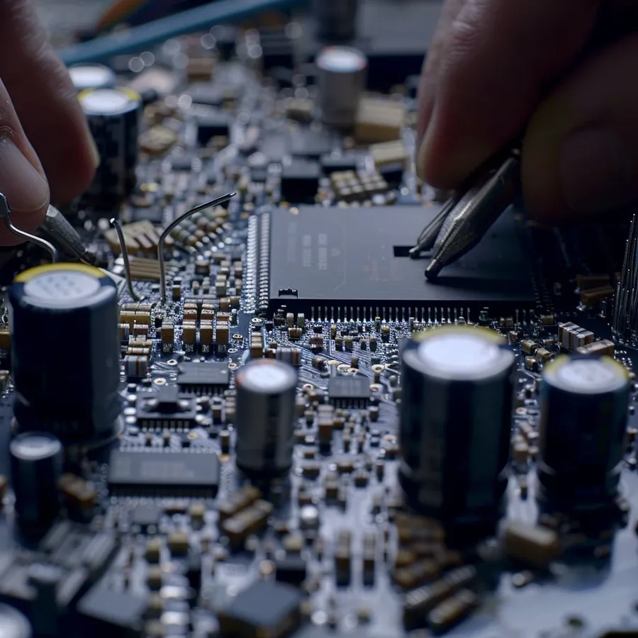 Hands using tools to replace a capacitor on a circuit board.