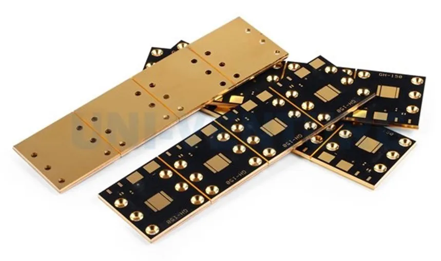 A close-up of a metal core PCB showing its layered structure.