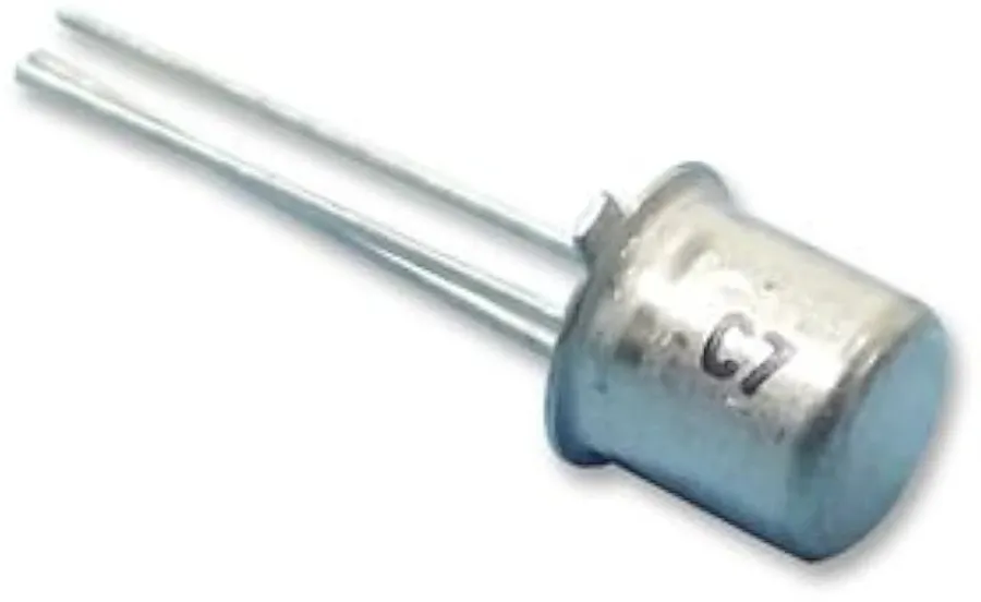 A close-up of a BC107 transistor showing its package and markings.