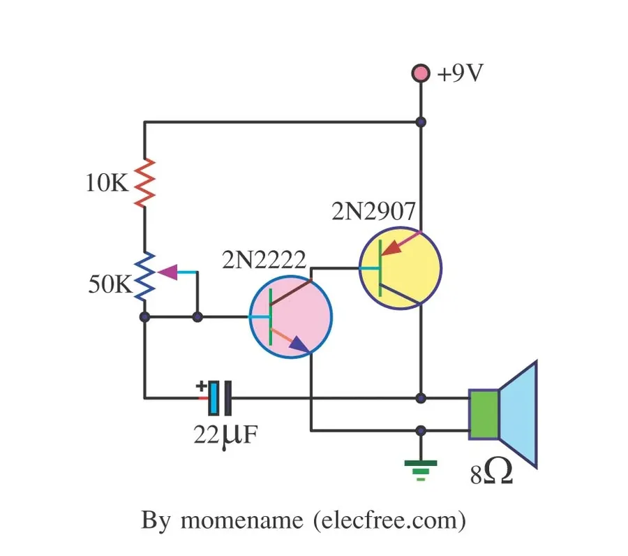 A diagram of a 2N2222 transistor used in an amplifier configuration.