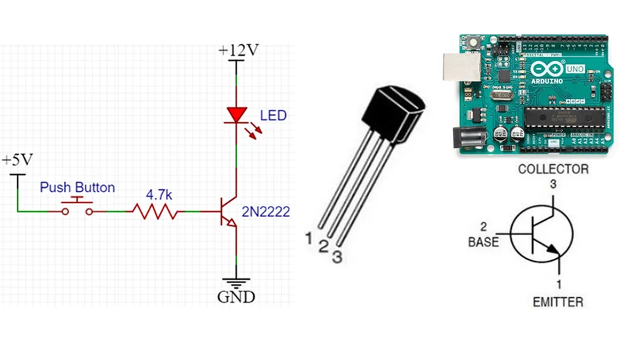 A diagram illustrating the pinout of a 2N2222 transistor.