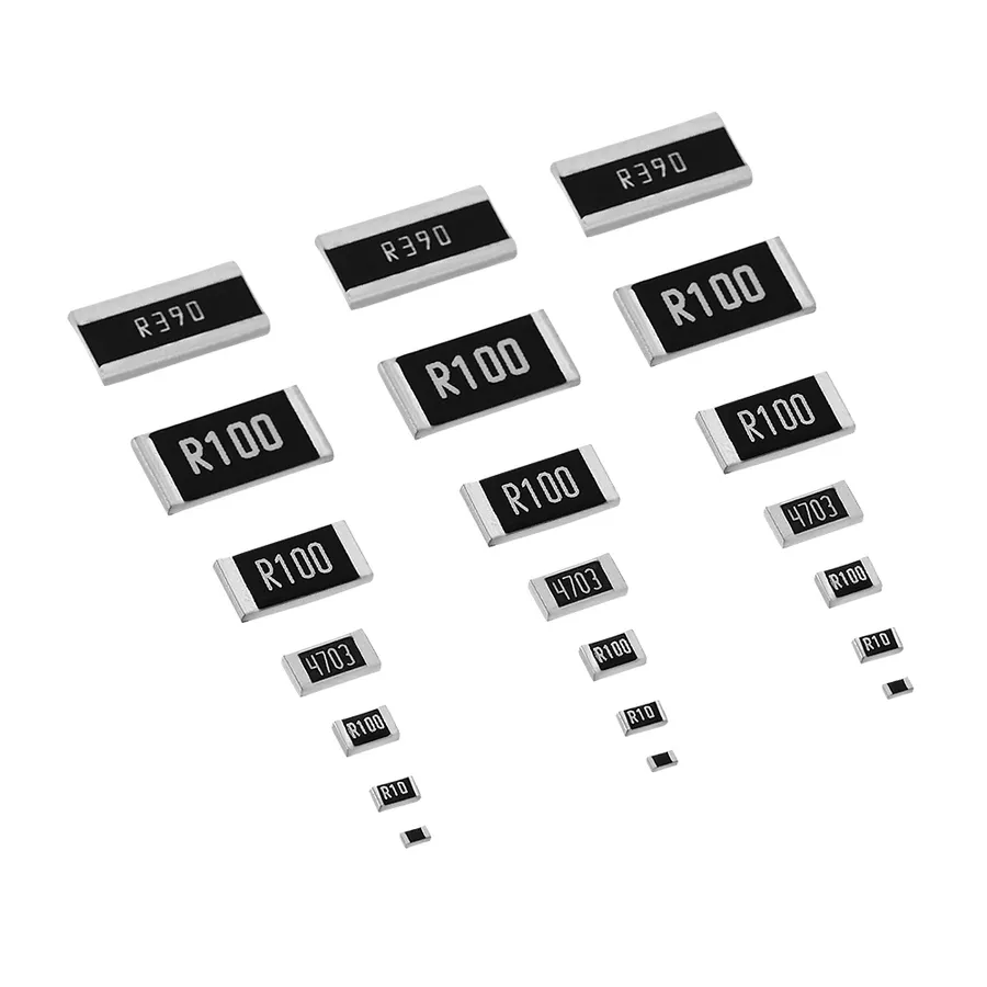 A close-up of various surface mount resistors.