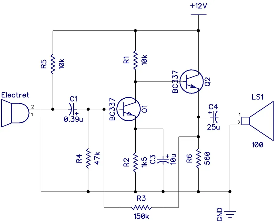 A schematic diagram illustrating a transistor amplifying a signal.