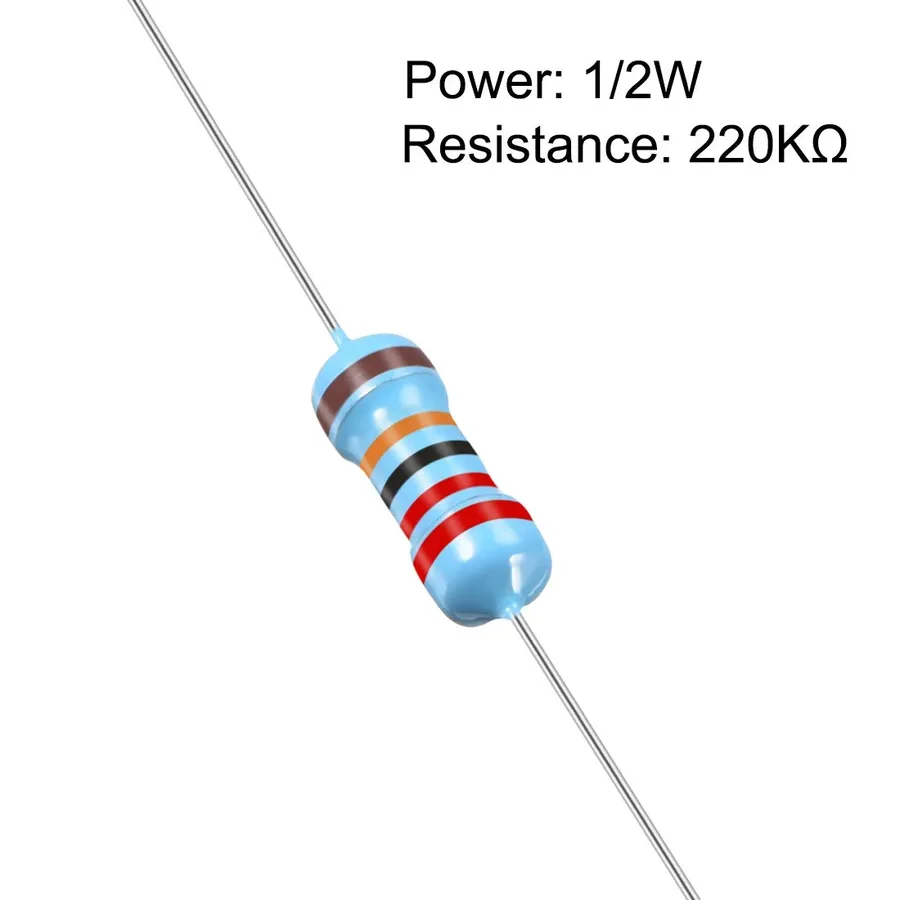 A 220k resistor with its color bands visible.