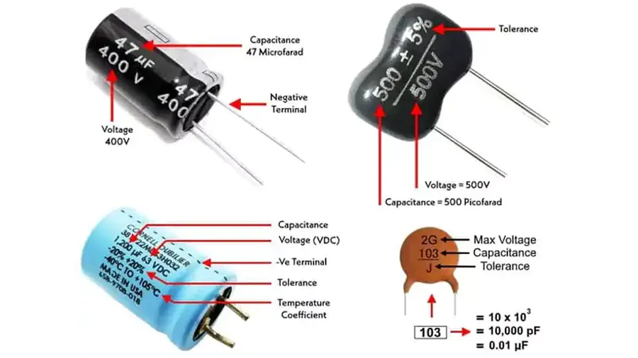 Close-up showing the markings and labels on a capacitor.