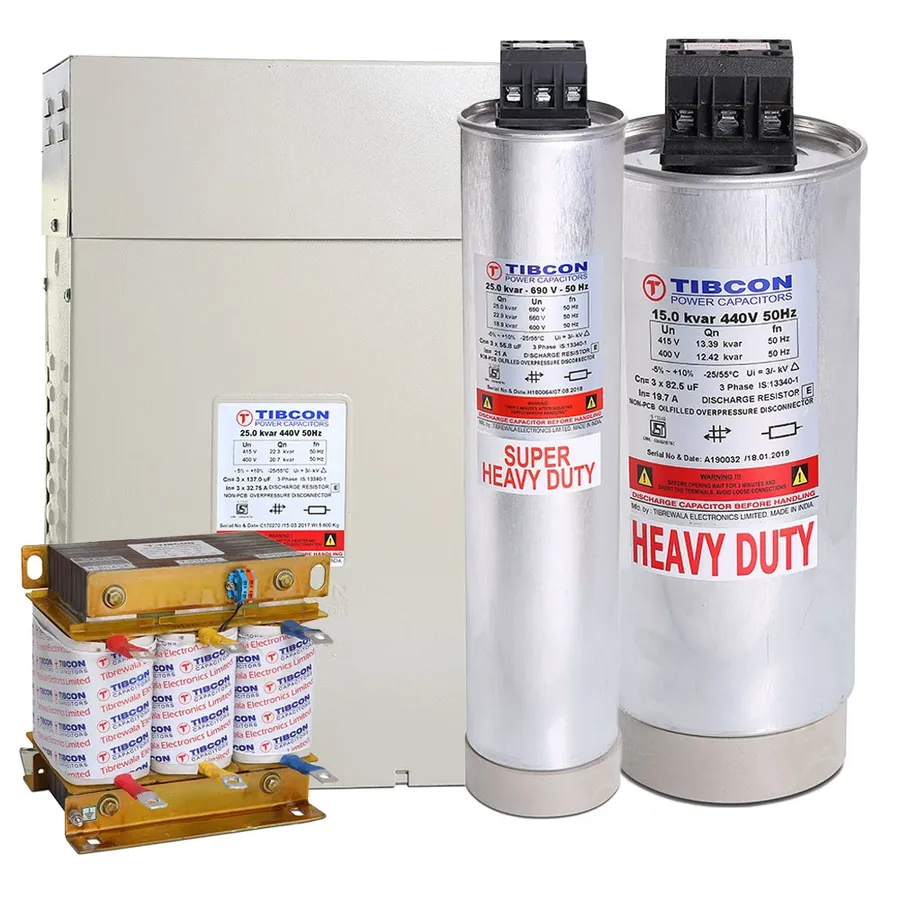 Various types and sizes of PFC capacitors.