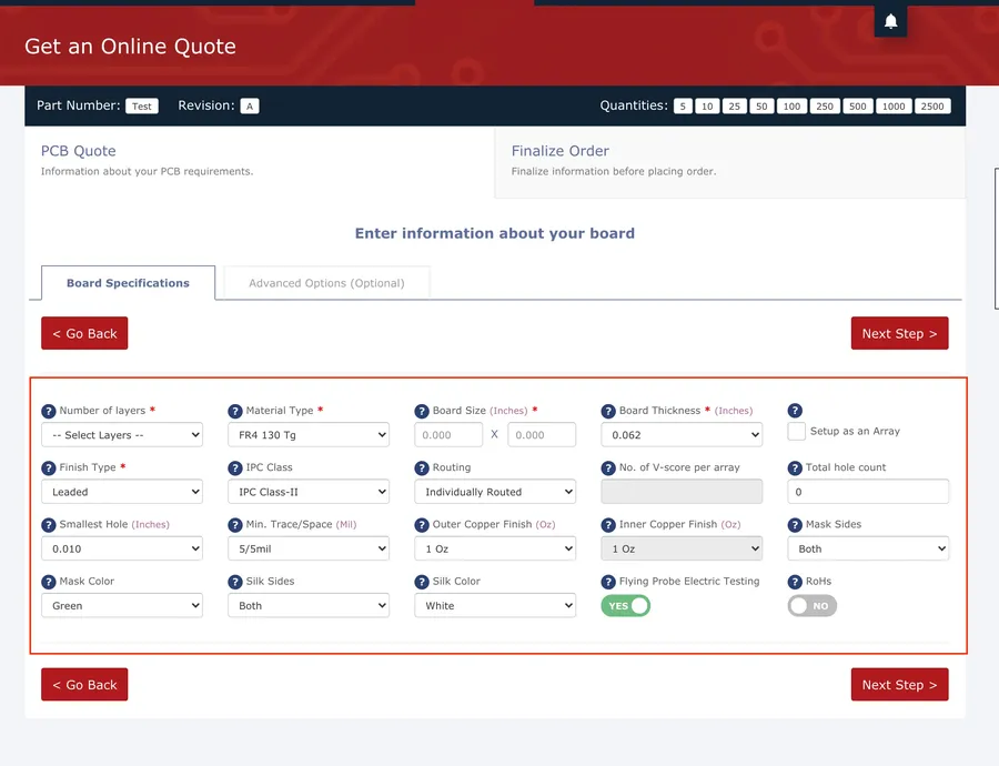 A screenshot of an online PCB quote system interface.