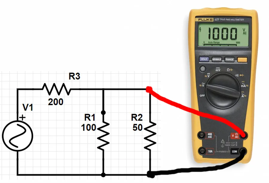 A multimeter measuring the voltage across a component in a circuit.