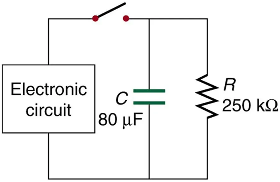 A photo showing a resistor and a capacitor connected in parallel on a breadboard.