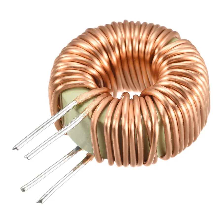 A close-up photo of a toroidal inductor.