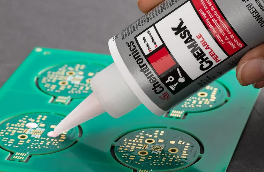 A PCB with solder mask being applied.
