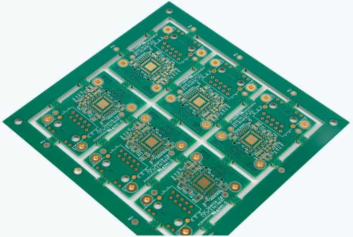 A close-up of a bare printed circuit board.