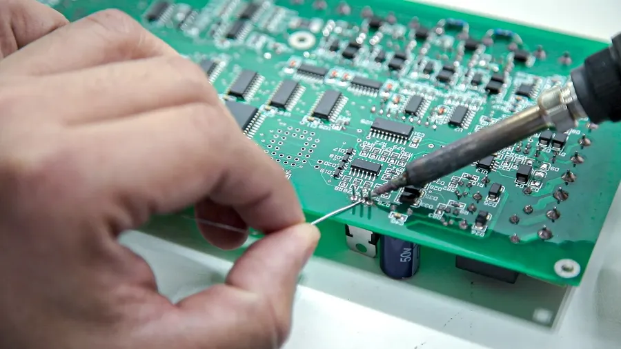Close-up of components being soldered onto a PCB.