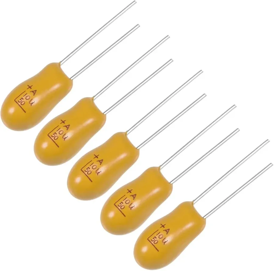 A variety of tantalum capacitors with different sizes and shapes.