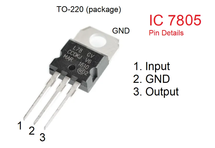 A diagram showing the pinout of an LM7805 voltage regulator.