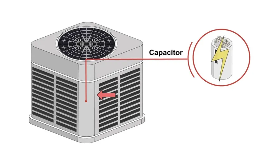 A dual run capacitor installed inside an air conditioner unit.