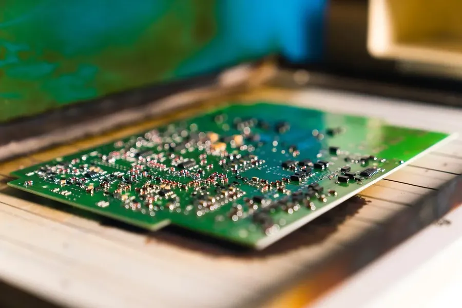 A PCB going through a reflow soldering process.