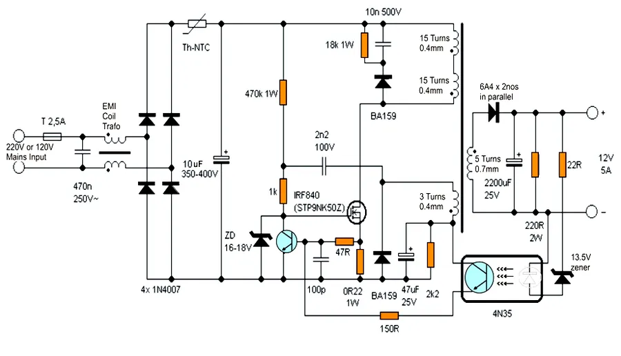 A transformer in a switched-mode power supply.