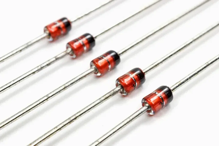 Different types of diodes, including a light-emitting diode (LED).