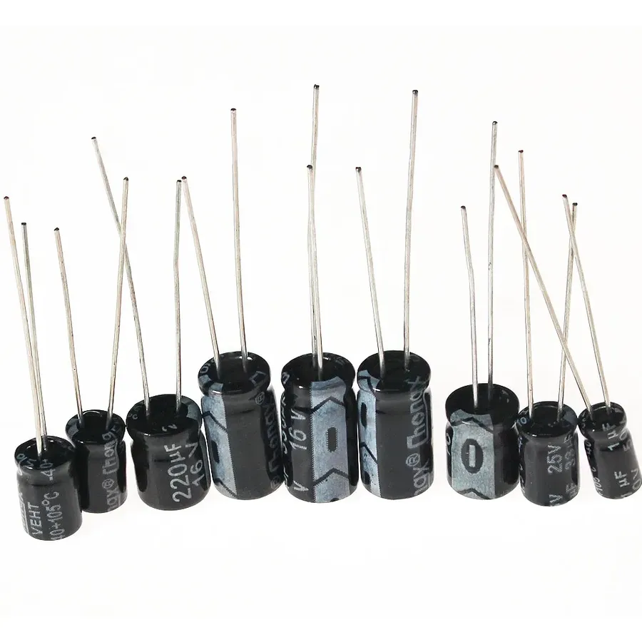 A retail package containing 1000uF 16V capacitors.