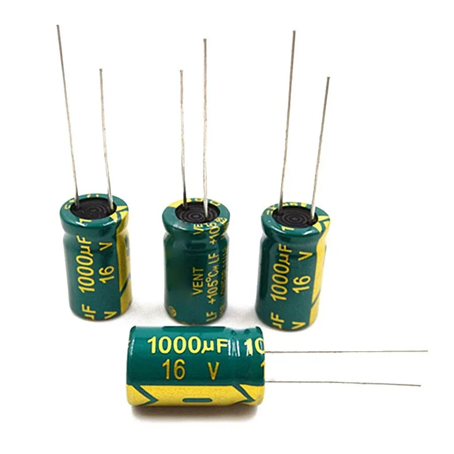 A 1000uF 16V capacitor soldered onto a circuit board.